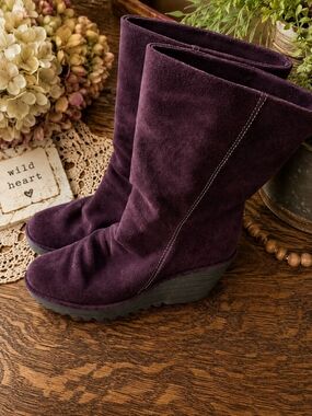 FLY London Eggplant Suede Slouch Boots EU 38 Wedge Comfort